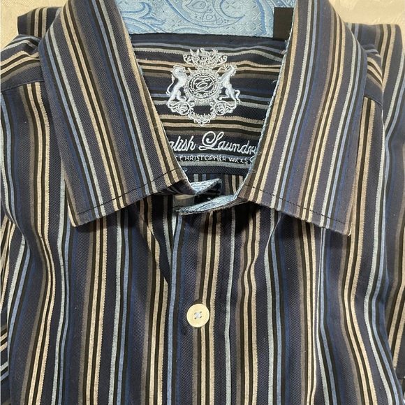 English Laundry Shirt Mens 16 32/33 Blue Striped Spread Cutaway Collar FlipCuff - Picture 1 of 12